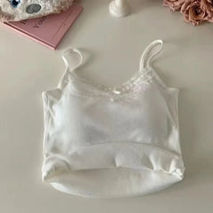 Lace Bow Corset Camisole - Sleeveless Slim Crop Top with Chest Pad for Summer Elegance