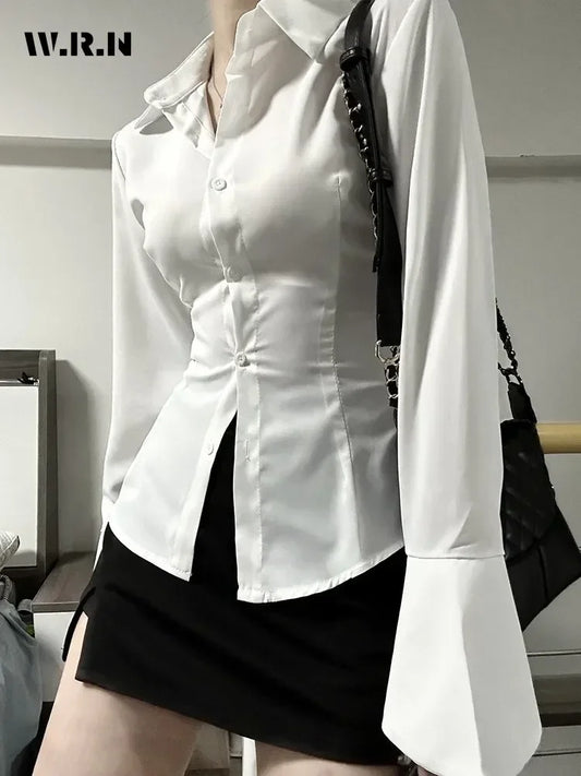 Vintage Chiffon Blouse - Slim Fit Turn-Down Collar with Flare Sleeves and Bandage Design for Spring 2024