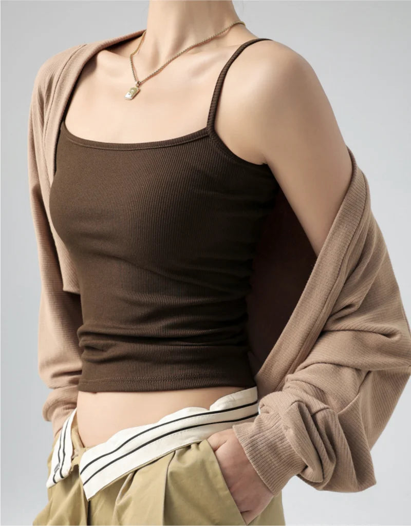 Spaghetti Strap Knit Camisole - Slim Fit Sleeveless Basic Tank