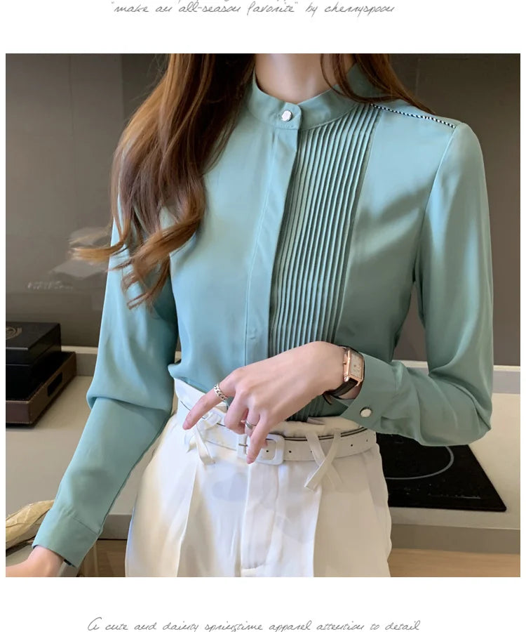 023 Chiffon Bow V-Neck Blouse - Long Sleeve Office Top