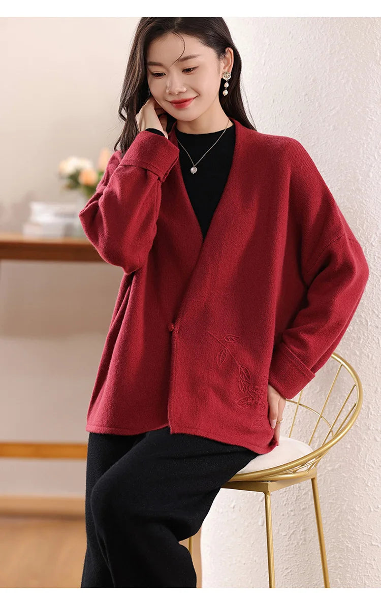 100% Merino Wool Embroidered Cardigan - Floral V-Neck, Autumn/Winter 2024