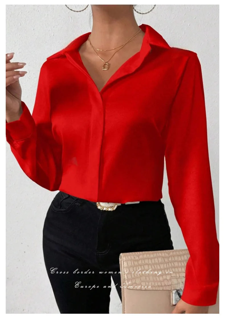 Elegant Long Sleeve Silk-Like Blouse - High-Quality Fashion