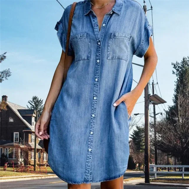 Distressed Denim Shirt Dress - Short Sleeve Button-Down Casual Tunic for Women