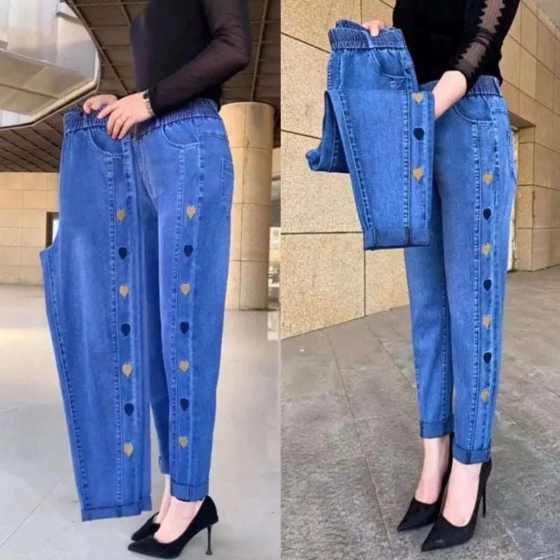 Winter Embroidered High-Waist Skinny Jeans - Stretch Elastic Denim Pants for Women (5XL)