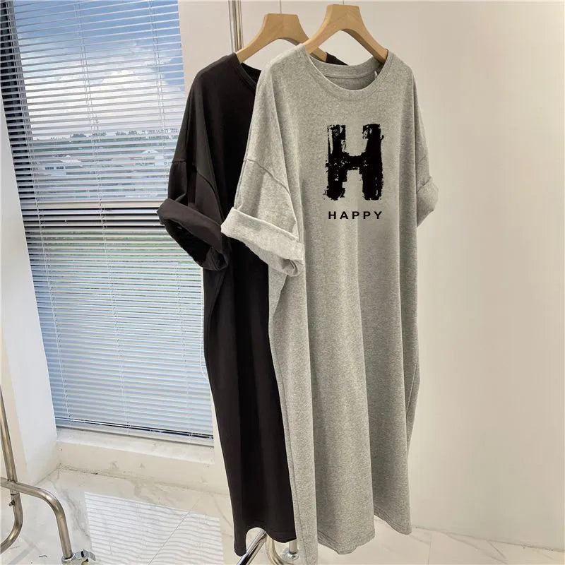 Letter Printed O-Neck Dress - Summer Casual Loose Short Sleeve Pullover Tunic for Women