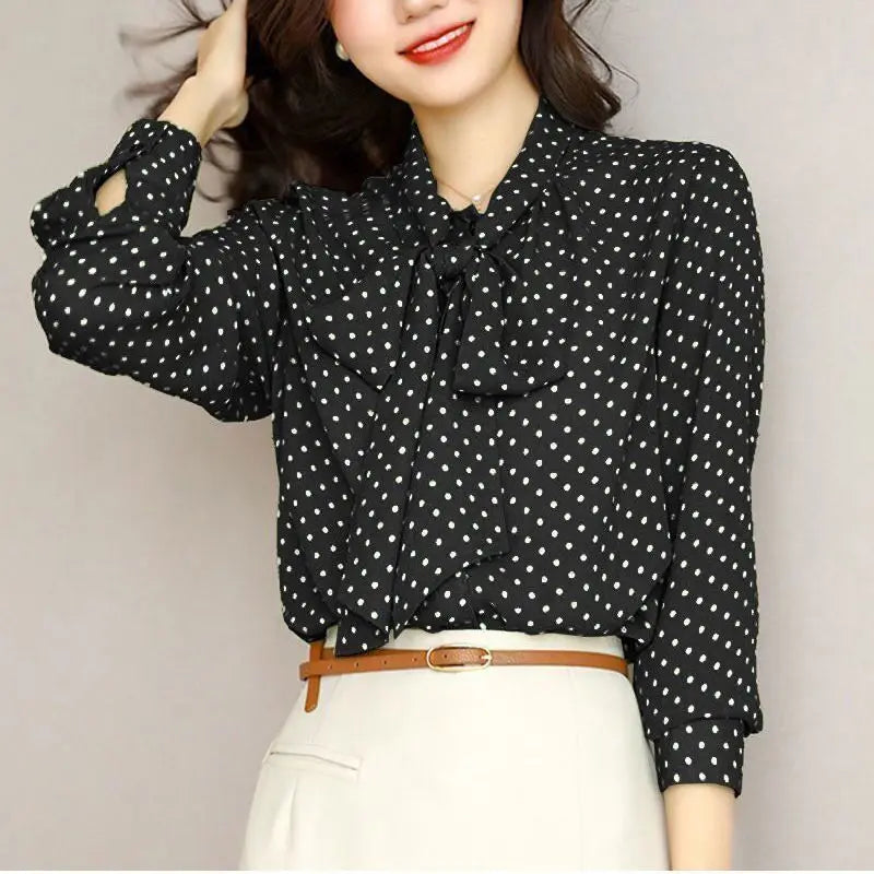 Polka Dot Shawl Collar Blouse - Bow Detail, Long Sleeve