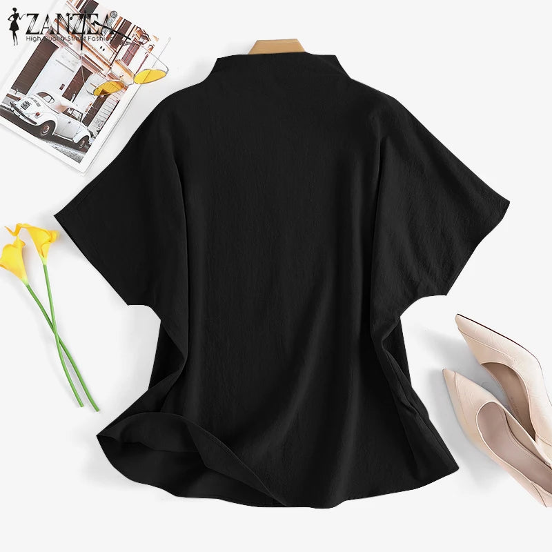 ZANZEA Cotton Turtleneck Blouse - Short Sleeve, Oversized Fit