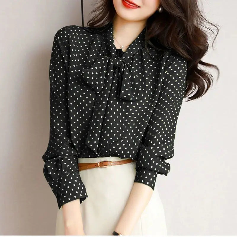 Polka Dot Shawl Collar Blouse - Bow Detail, Long Sleeve