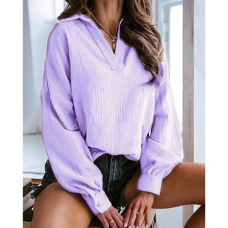 Lantern Sleeve Polo Pullover - Solid Color, Casual Autumn/Winter Top