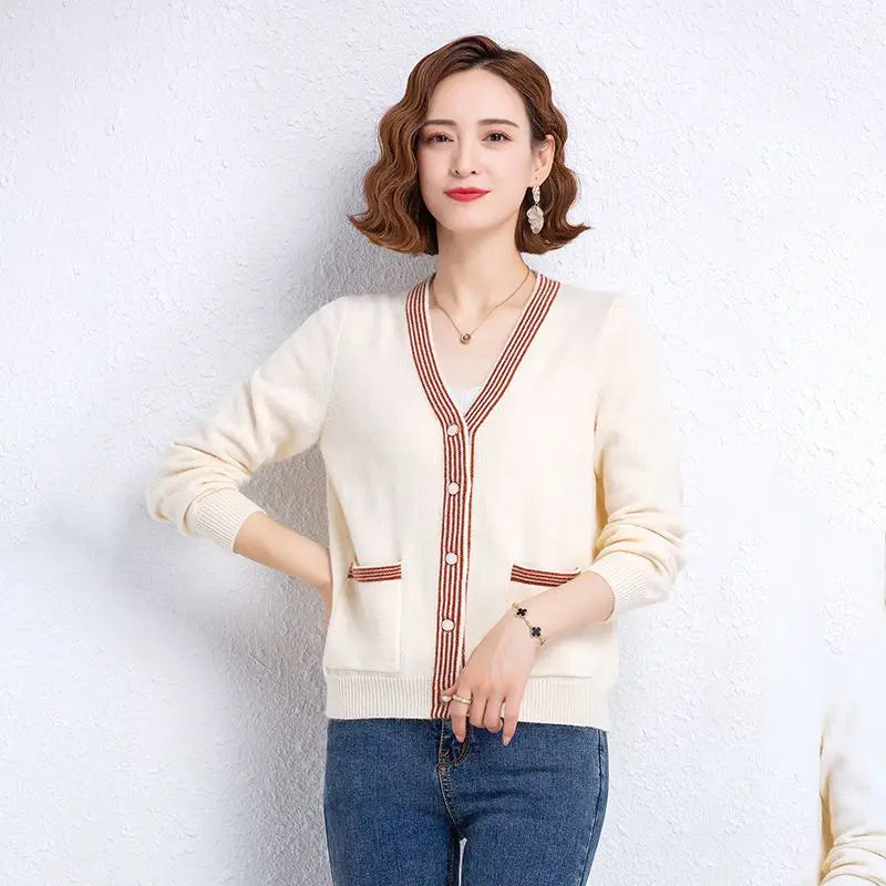 Striped Patchwork Knit Cardigan - V-Neck, Long Sleeve, Autumn 2024