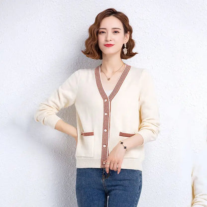 Striped Patchwork Knit Cardigan - V-Neck, Long Sleeve, Autumn 2024