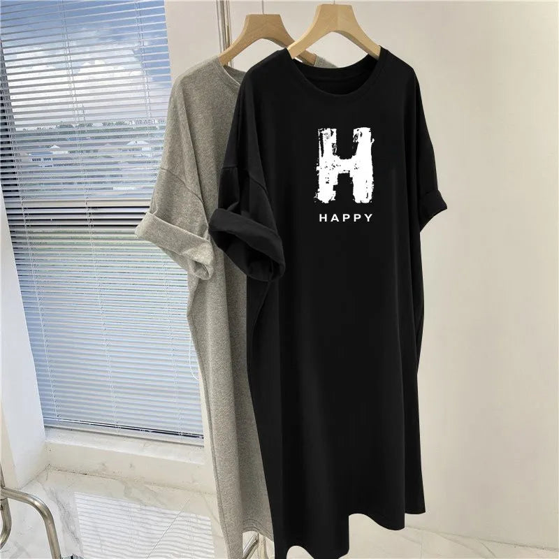 Letter Printed O-Neck Dress - Summer Casual Loose Short Sleeve Pullover Tunic for Women
