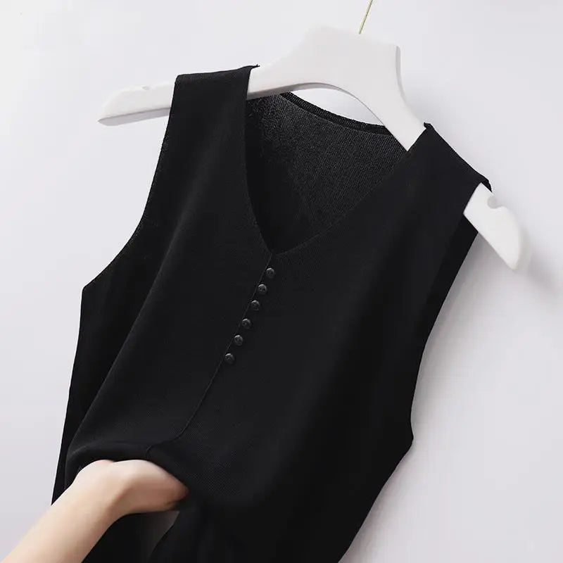 Ice Silk V-Neck Tank Top - Loose Fit Knitted Sleeveless Casual Outerwear for Women (S-6XL)