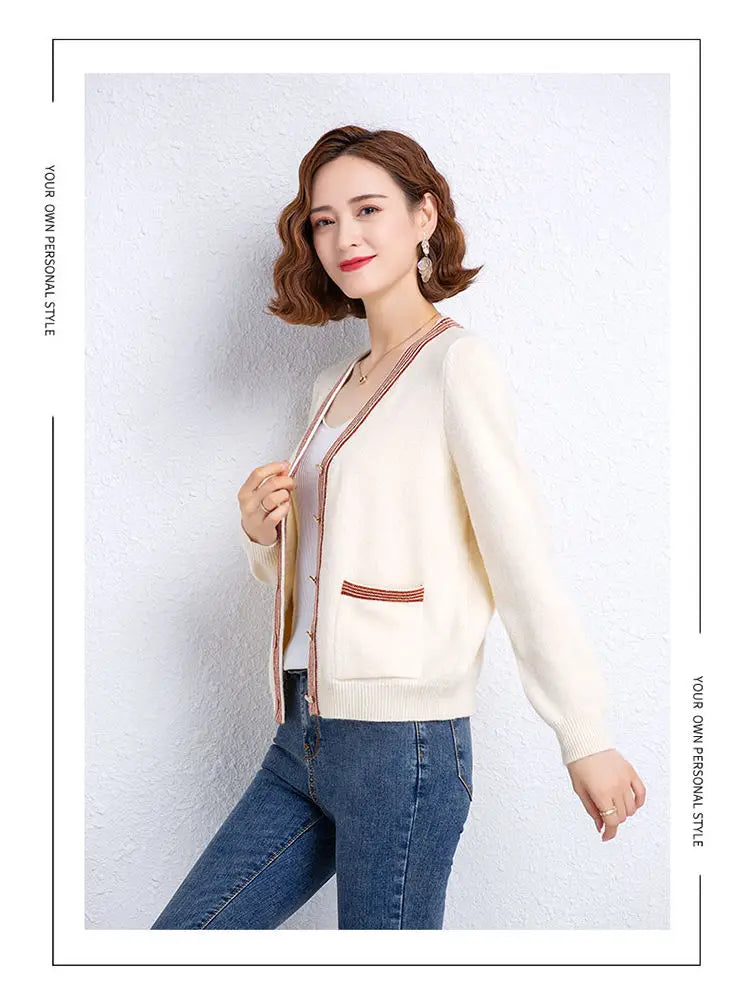 Striped Patchwork Knit Cardigan - V-Neck, Long Sleeve, Autumn 2024