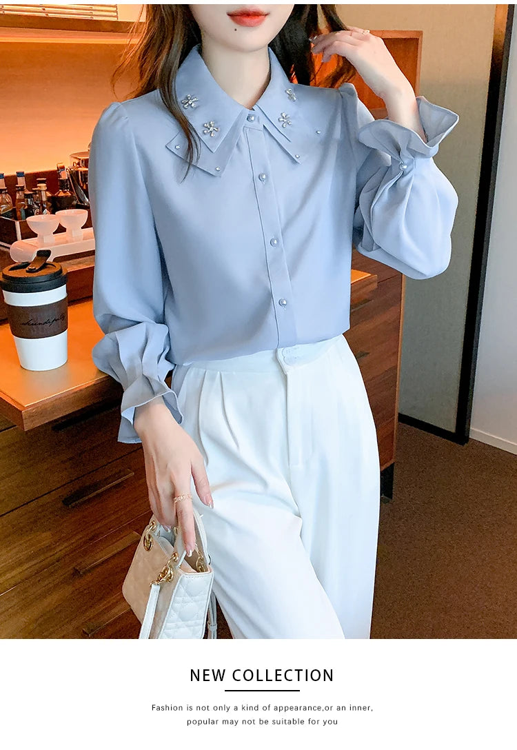 Elegant Chiffon Long Sleeve Blouse - White, Korean Office Style 2025