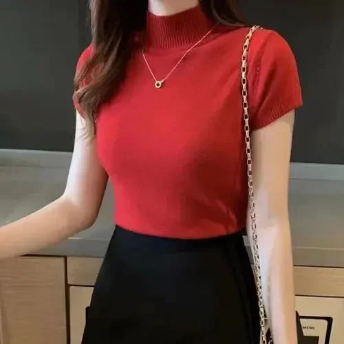 2024 Summer Turtleneck Knit Blouse - Short Sleeve