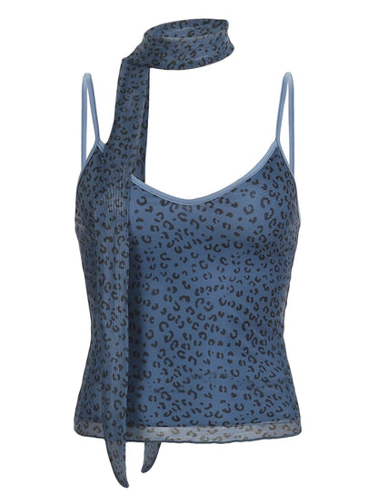 Leopard Print Mesh Camisole - Double Layer, Backless Y2K Style
