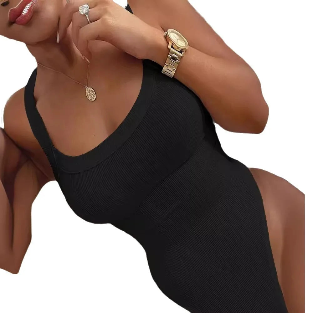 U-Neck Ribbed Bodysuit - Sleeveless Solid Color Romper