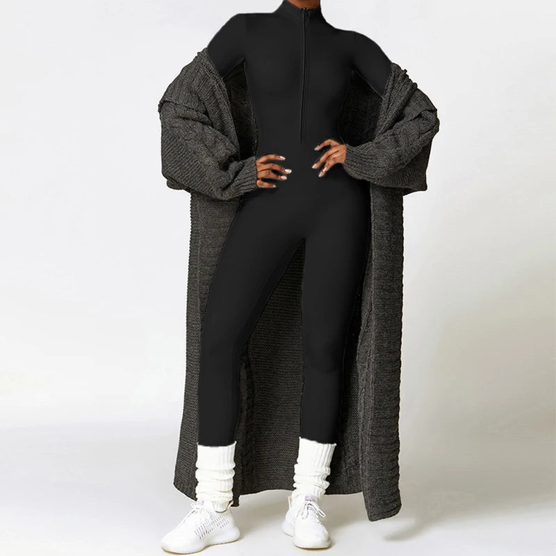 Warm Plush One-Piece Sports Jumpsuit – Women's Winter Fitness Tracksuit