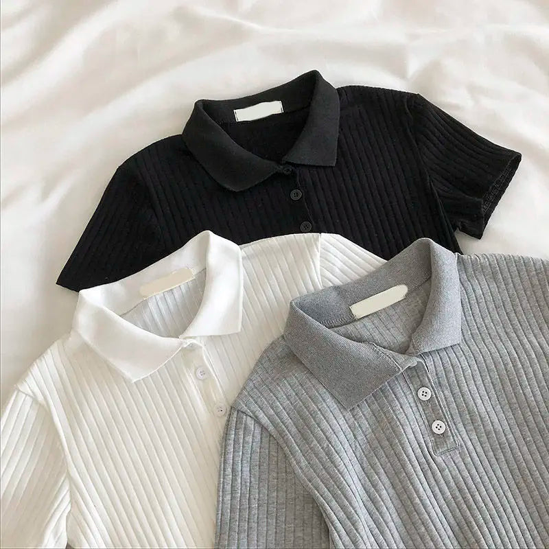 Youthful Knit Polo Crop Top - Short Sleeve