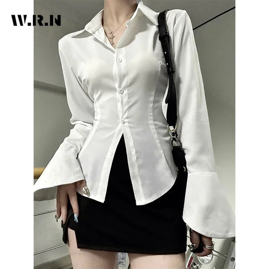 Vintage Chiffon Blouse - Slim Fit Turn-Down Collar with Flare Sleeves and Bandage Design for Spring 2024