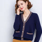 Striped Patchwork Knit Cardigan - V-Neck, Long Sleeve, Autumn 2024