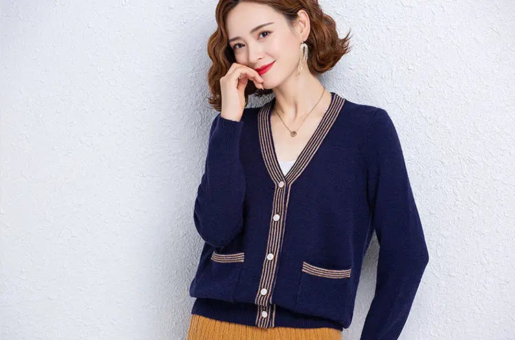 Striped Patchwork Knit Cardigan - V-Neck, Long Sleeve, Autumn 2024