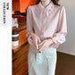 Elegant Chiffon Long Sleeve Blouse - White, Korean Office Style 2025