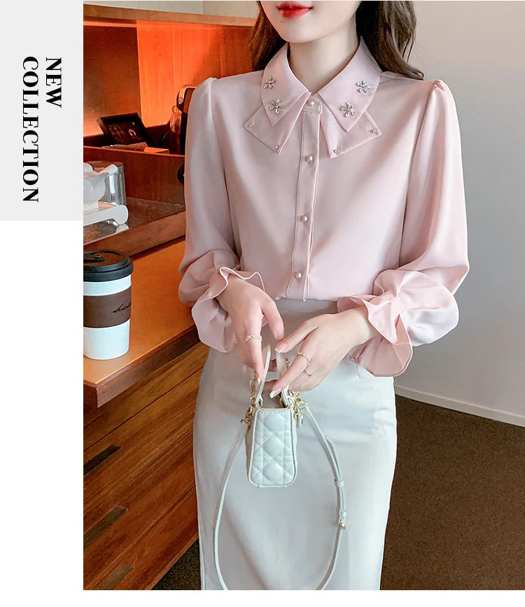 Elegant Chiffon Long Sleeve Blouse - White, Korean Office Style 2025