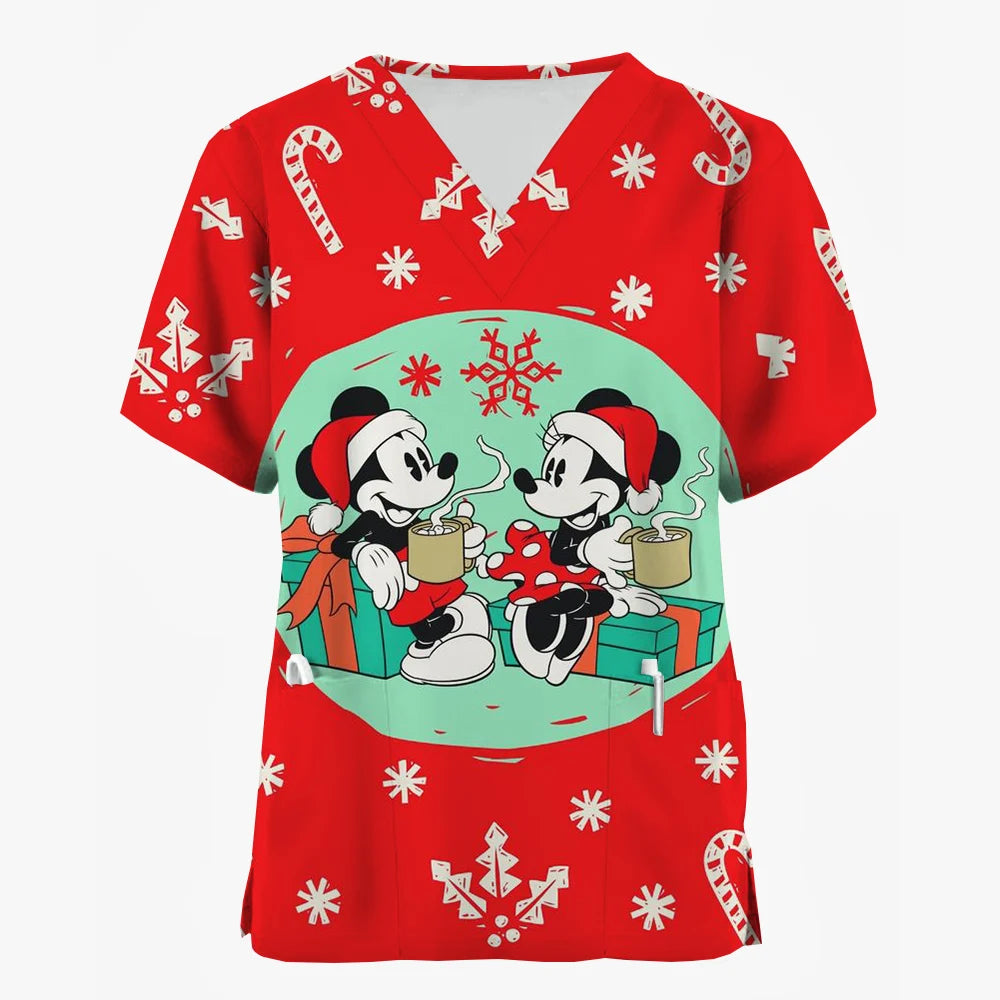 Mickey Mouse Nursing Scrub Top - V-Neck with Pockets, Christmas Edition