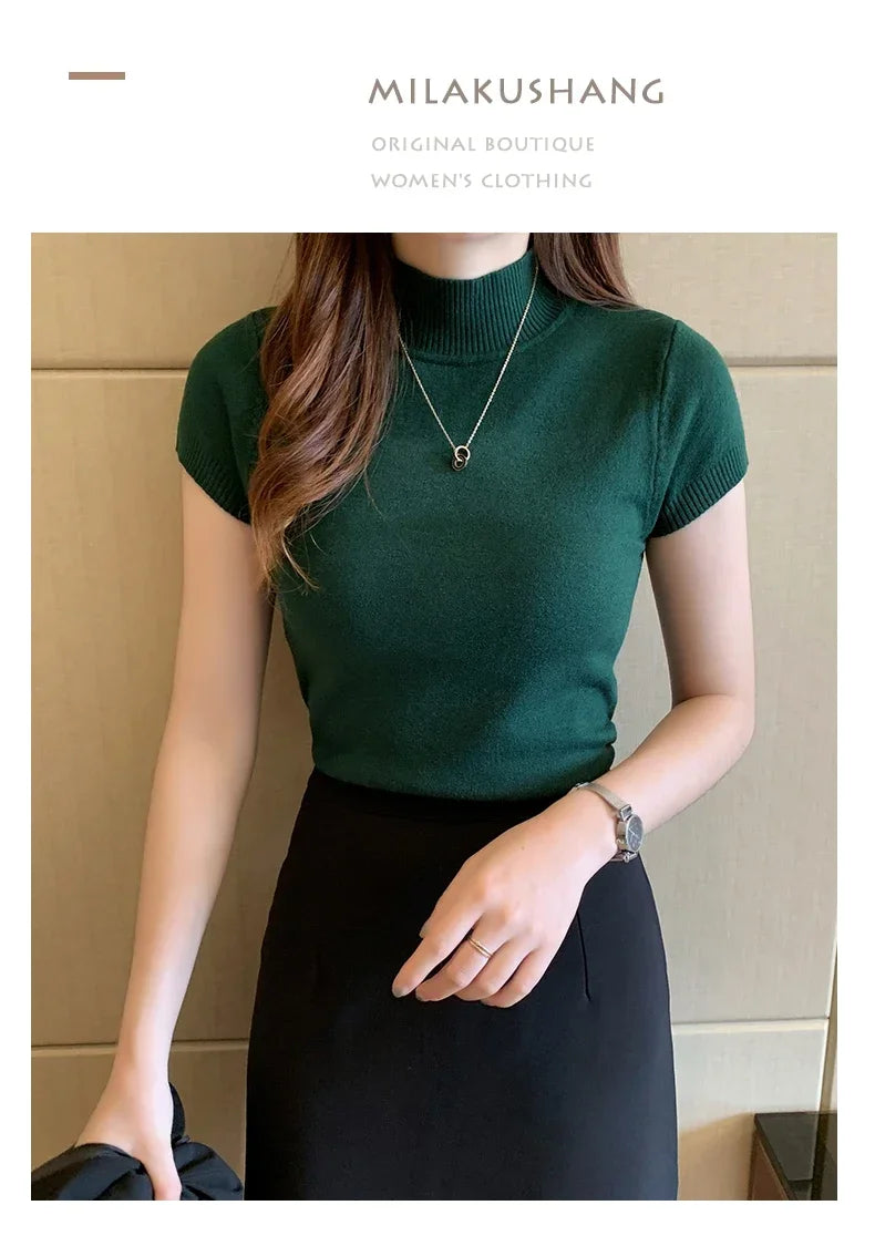 2024 Summer Turtleneck Knit Blouse - Short Sleeve