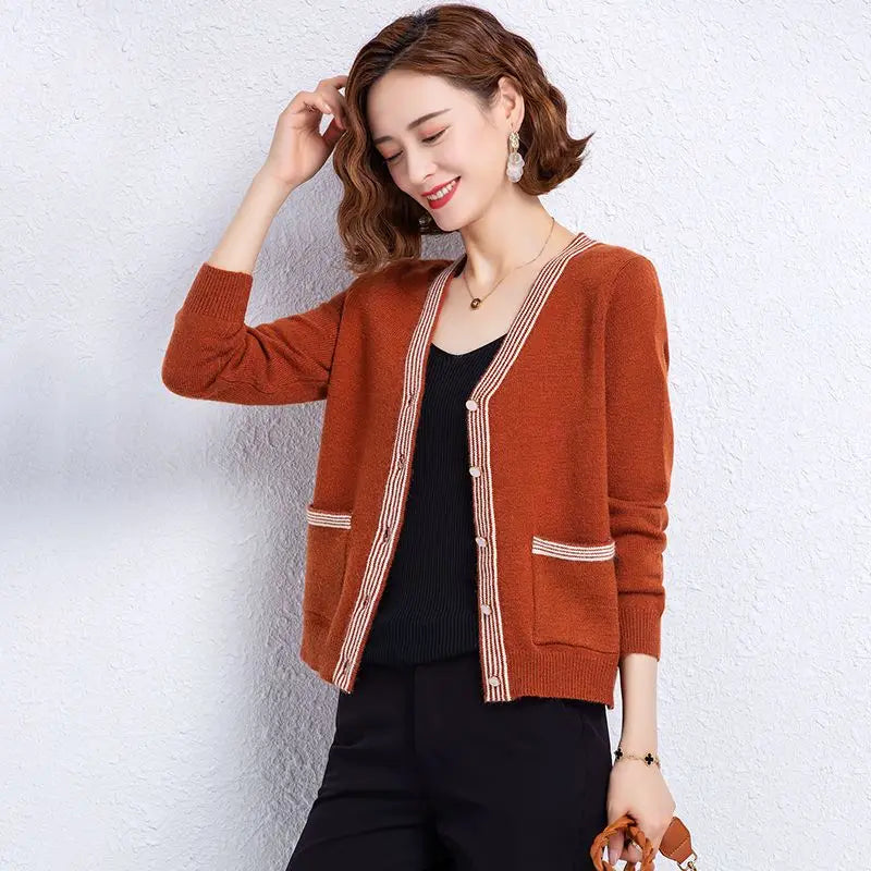 Striped Patchwork Knit Cardigan - V-Neck, Long Sleeve, Autumn 2024