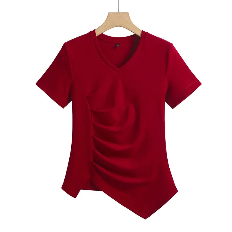 Chic V-Neck Pleated Cotton Tee - Irregular Hem