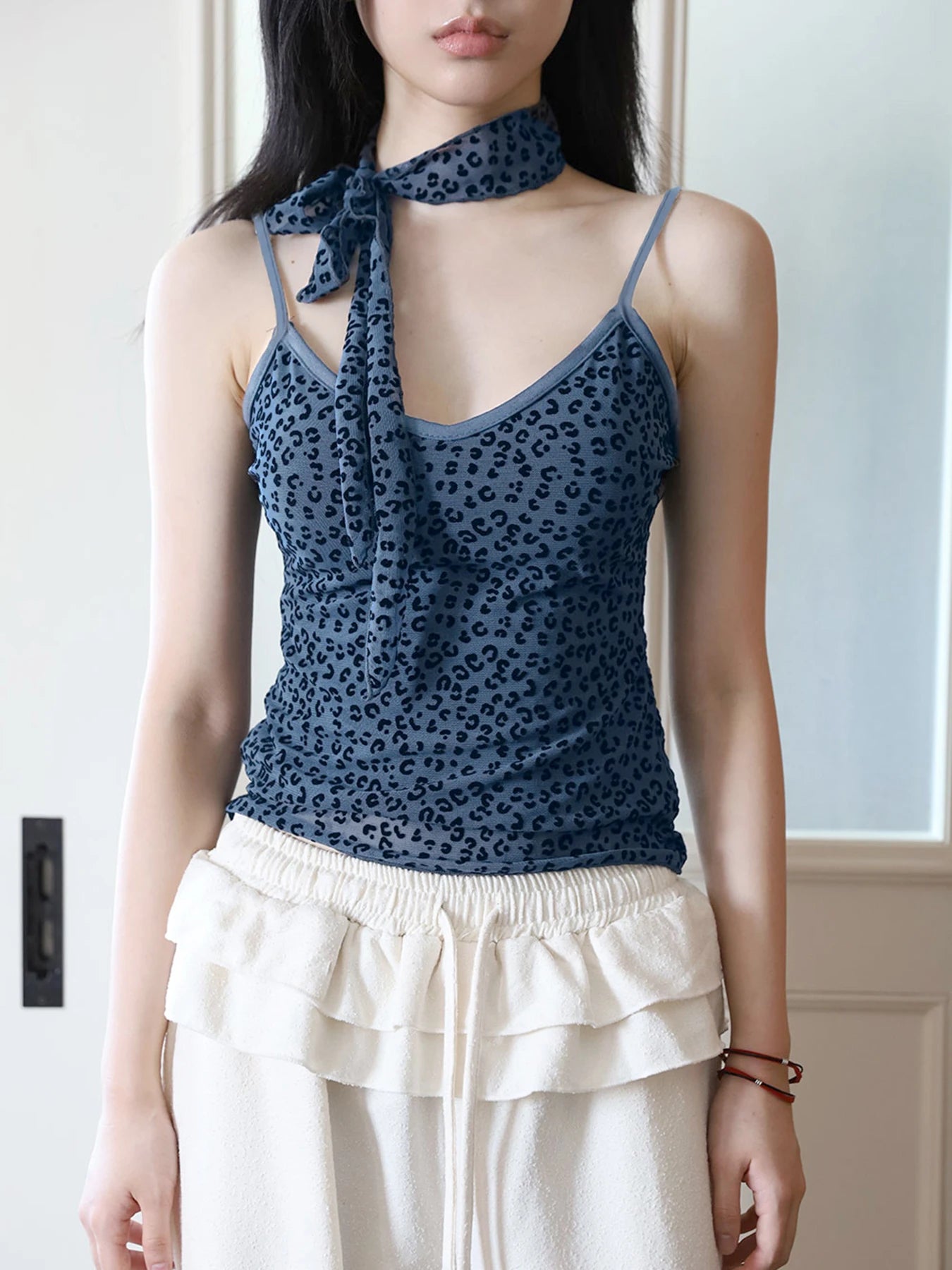 Leopard Print Mesh Camisole - Double Layer, Backless Y2K Style