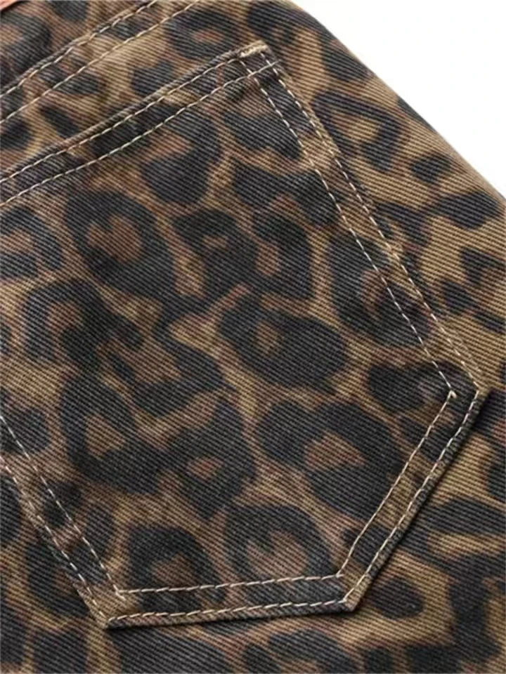 Leopard Print Wide-Leg Jeans - Oversized Vintage Streetwear Denim
