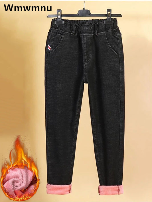 Oversized Winter Thicken Denim Pants – High Waist, Plus Velvet, Loose Fit
