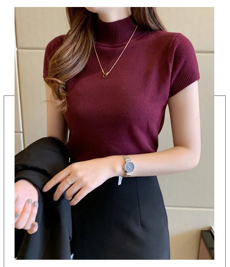 2024 Summer Turtleneck Knit Blouse - Short Sleeve
