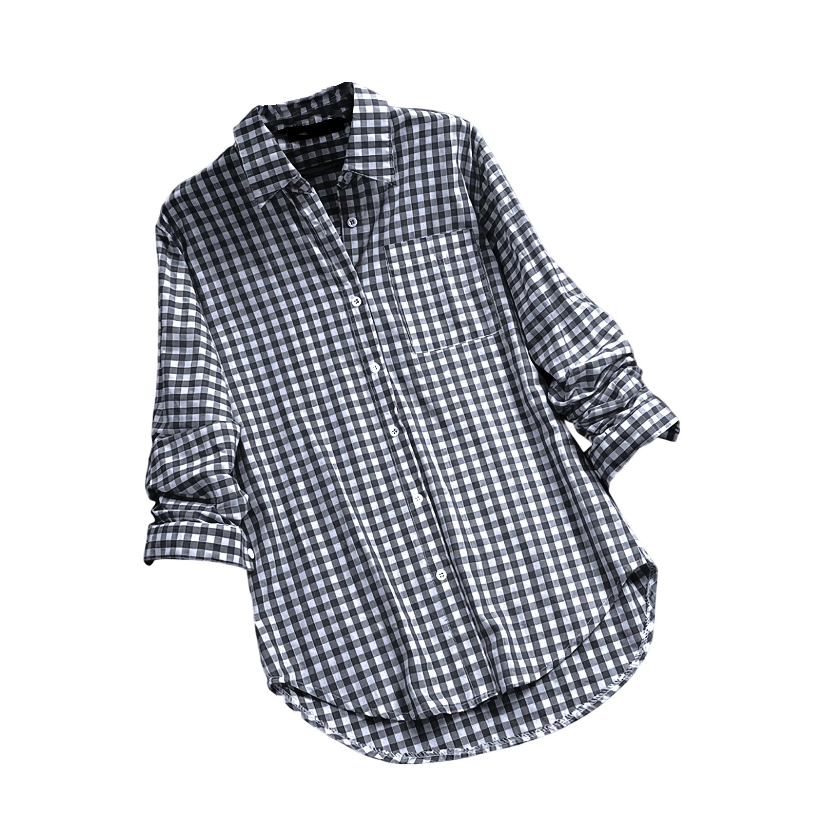 Plaid Cotton-Linen Tunic - V-Neck Roll-Up Sleeve Button-Down Shirt