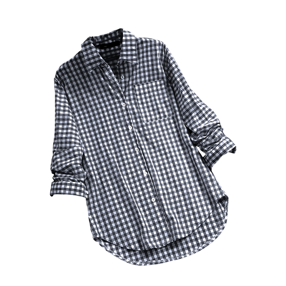 Plaid Cotton-Linen Tunic - V-Neck Roll-Up Sleeve Button-Down Shirt