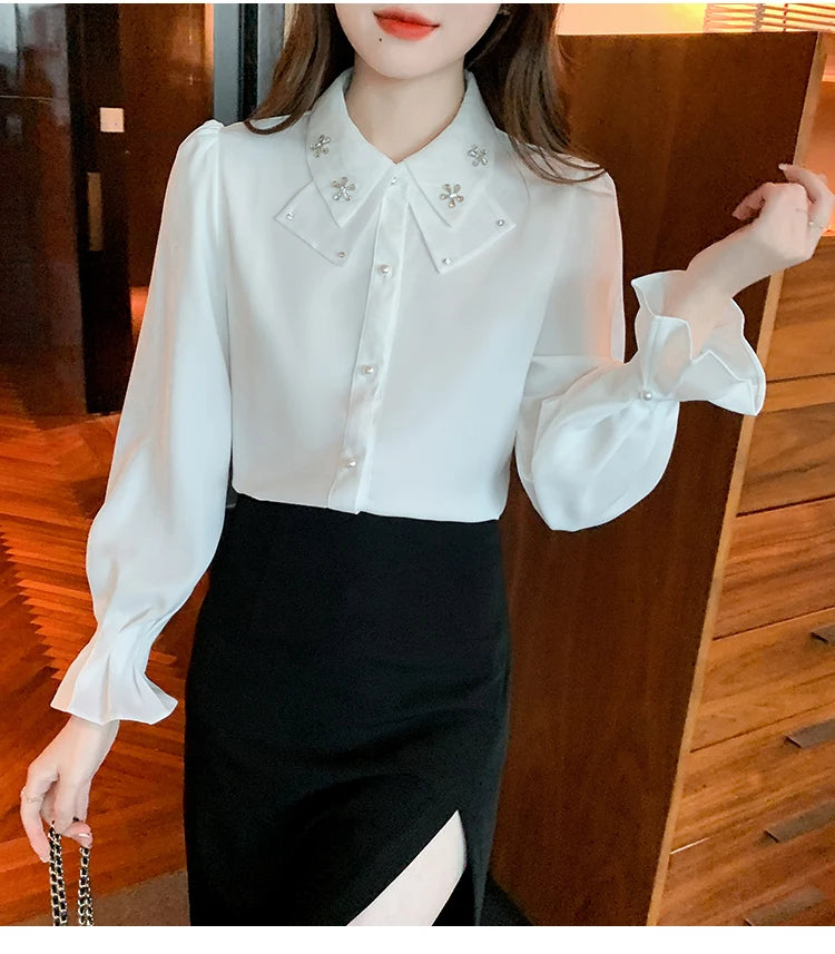 Elegant Chiffon Long Sleeve Blouse - White, Korean Office Style 2025