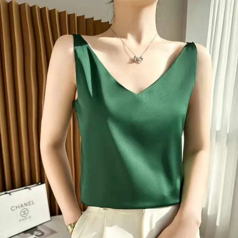 Satin Silk Lace Tank Top - V-Neck Sleeveless Camisole (S-3XL