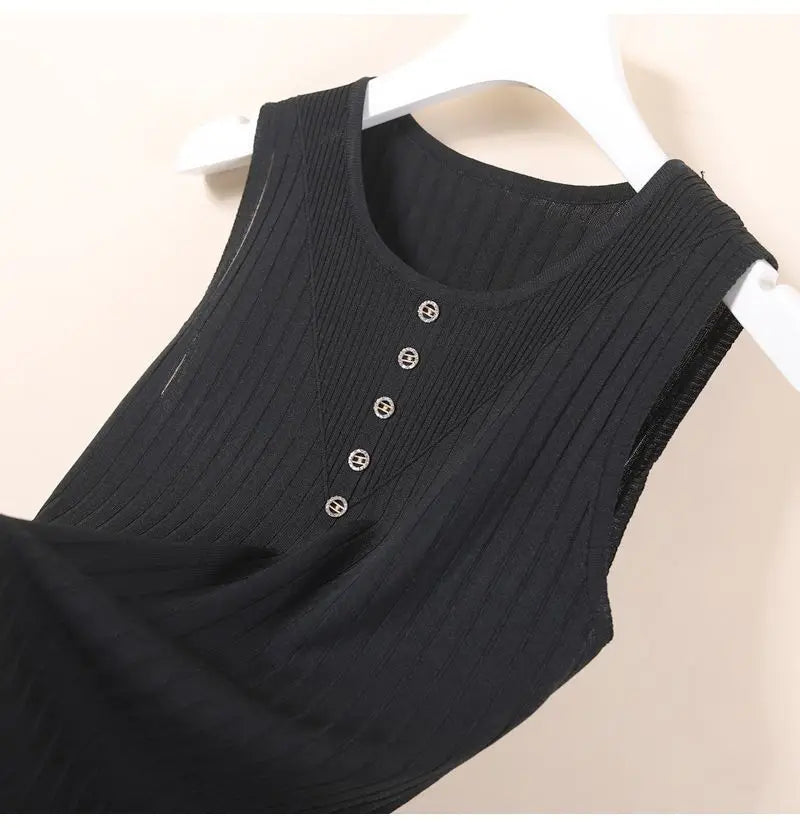 Elegant Knit V-Neck Tank Top - Sleeveless & Striped