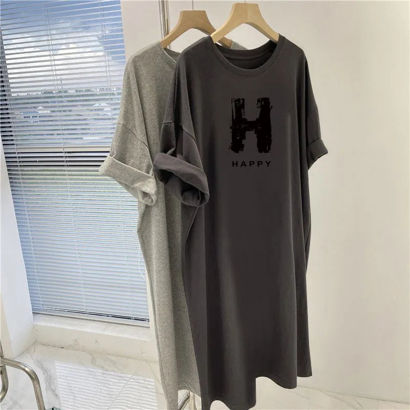 Letter Printed O-Neck Dress - Summer Casual Loose Short Sleeve Pullover Tunic for Women