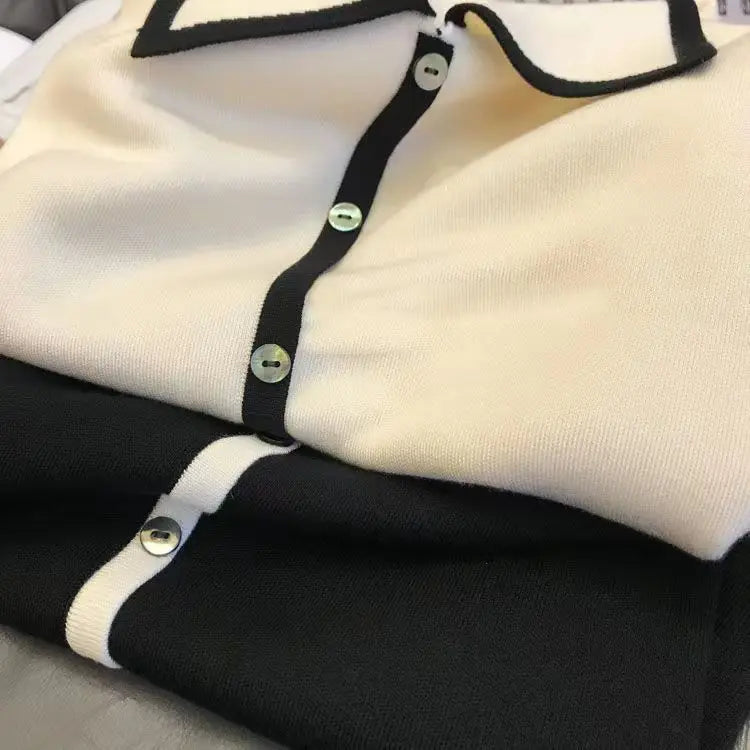 Black & White Patchwork Polo Shirt - Casual Knit Short Sleeve