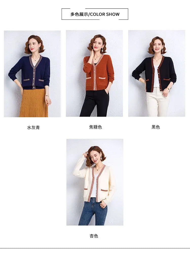 Striped Patchwork Knit Cardigan - V-Neck, Long Sleeve, Autumn 2024