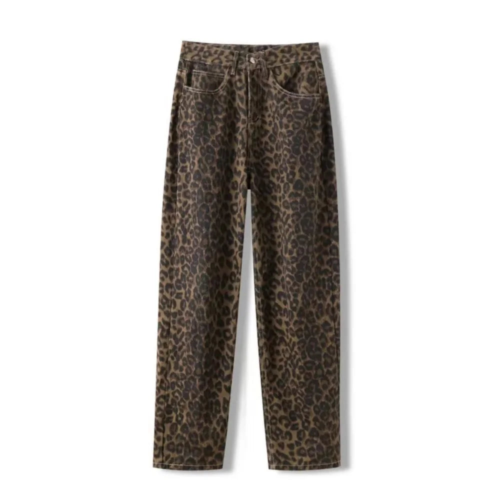 Leopard Print Wide-Leg Jeans - Oversized Vintage Streetwear Denim