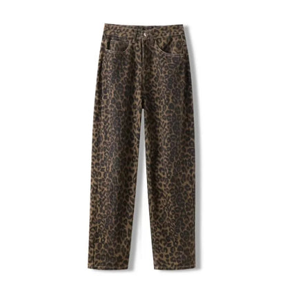 Leopard Print Wide-Leg Jeans - Oversized Vintage Streetwear Denim