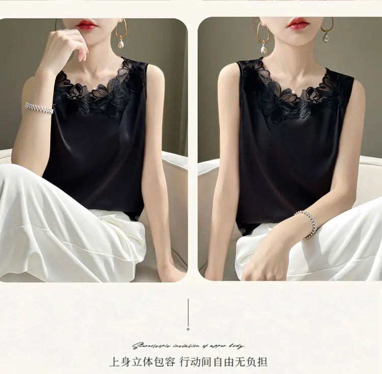 Elegant Silk Lace Camisole - Sleeveless Satin Top for Women