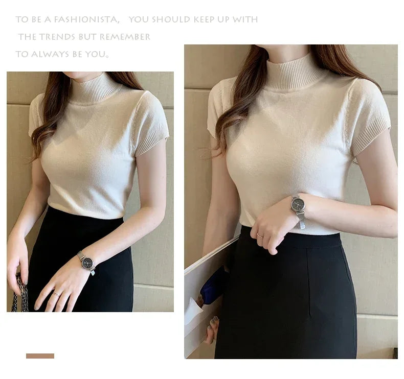 2024 Summer Turtleneck Knit Blouse - Short Sleeve