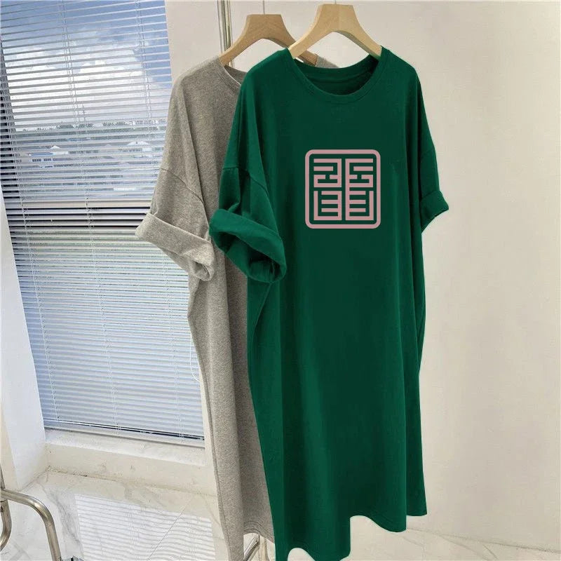 Printed O-Neck Tunic Dress - Summer Casual Loose Short Sleeve Pullover for Women